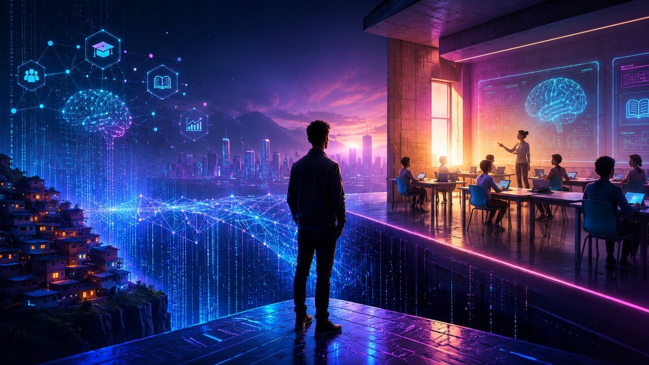 Man stands on a glowing platform as a futuristic classroom comes to life with students at laptops and holographic brain/data visuals overhead and city skyline in the background.